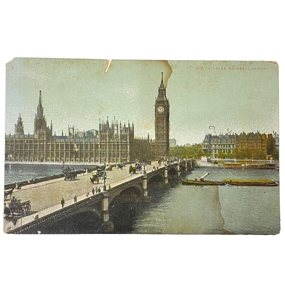 Postcard London England Big Ben Bridge Horse Carriages Street View Divided